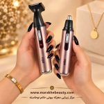 مایش دقیق و مقایسه‌ای دو سری و خرید موزن گوش و بینی دستگاه براون مدل BR-3007 در دستان کاربر با ناخن‌های مشکی و اکسسوری