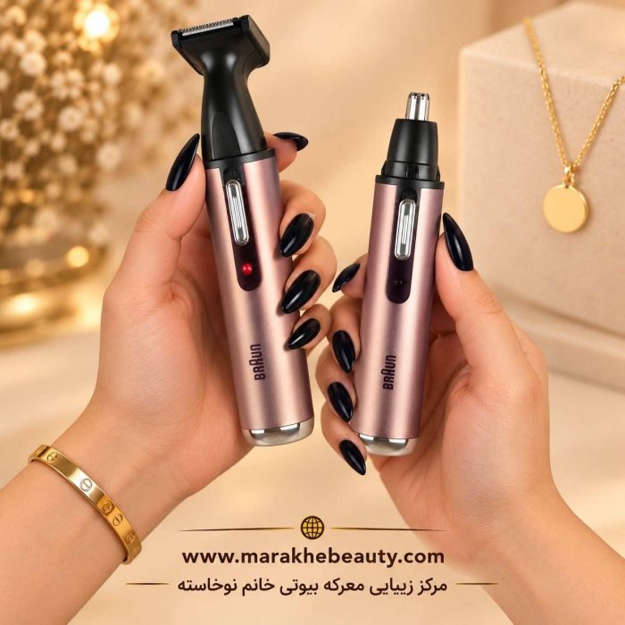 مایش دقیق و مقایسه‌ای دو سری و خرید موزن گوش و بینی دستگاه براون مدل BR-3007 در دستان کاربر با ناخن‌های مشکی و اکسسوری