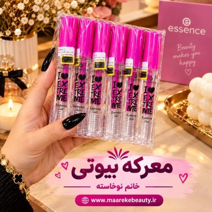 ژل لیفت ابرو اسنس صورتی مدل I Love Extreme بر روی استند مرمری به همراه لوگو و آدرس سایت معرکه بیوتی
